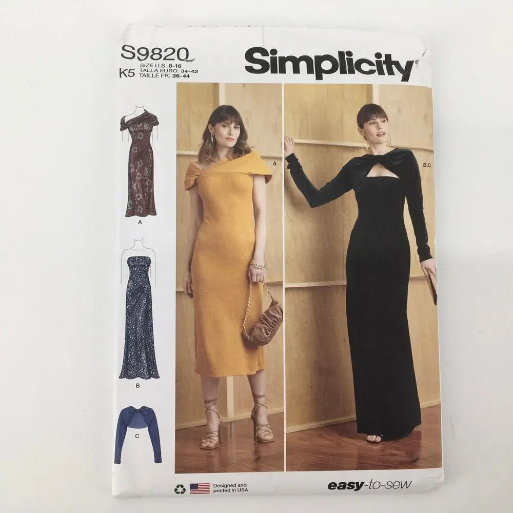 Simplicity Sewing Pattern S9820 Knit Dress Shrug 8-16 Bodycon Dark Romance UNCUT